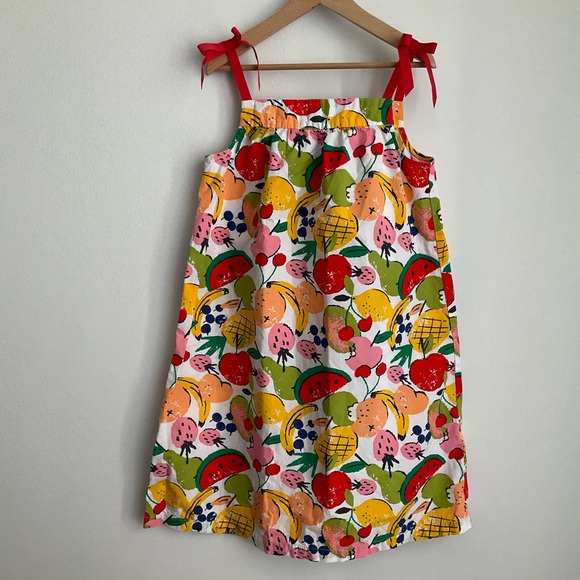 Hanna Andersson Size 8 (130) White Fruit Print Dress with Red Ties - Picture 3 of 9